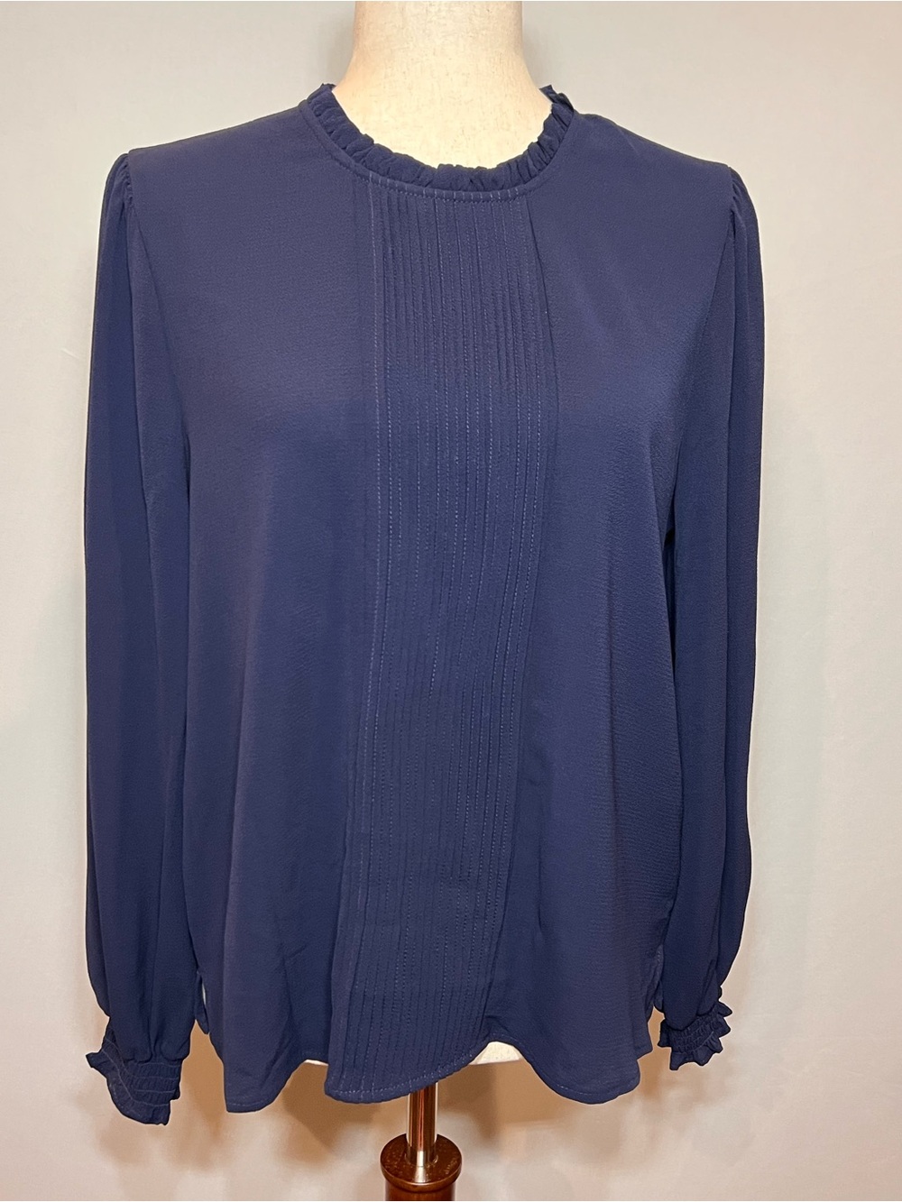 CeCe Dark Navy Pintuck Ruffle-Neck Long Sleeve Blouse - Picture 7 of 14